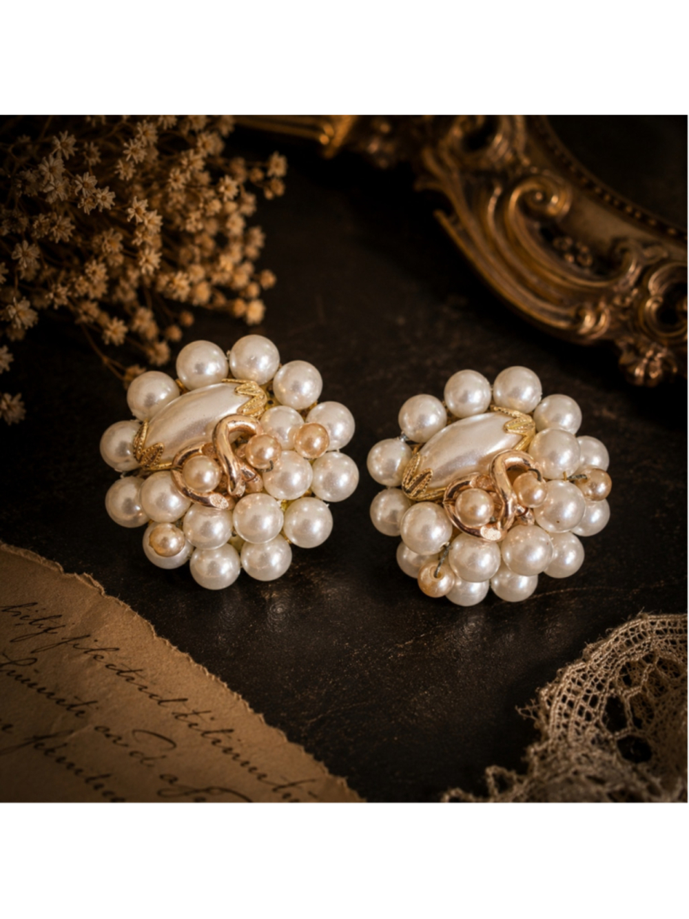Vintage Japan Signed Faux Pearl Cluster Clip-On Earrings Gold Tone Mid Century